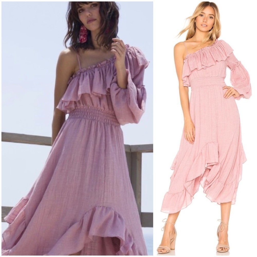 MISA LOS ANGELES 70s One‎ Shoulder Long Sleeve Ruffle Smocked Waist Midi Dress S